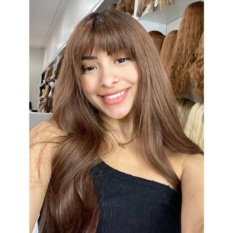 26" Amber Silk Top Wig Auburn w/ Partial Rooting & Wispy Bangs