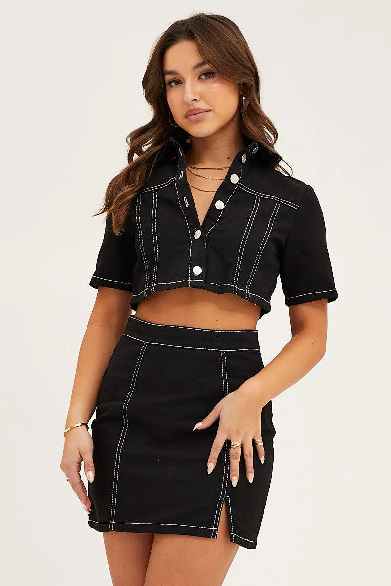 Black Contrast Stitch Button Up Top