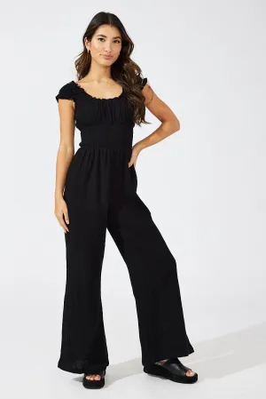 Black Jumpsuit Short Sleeve Off Shoulder Shirred Cotton
