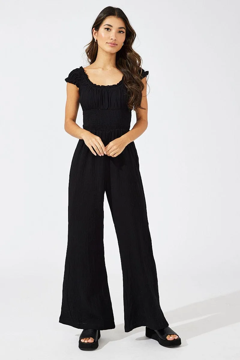 Black Jumpsuit Short Sleeve Off Shoulder Shirred Cotton