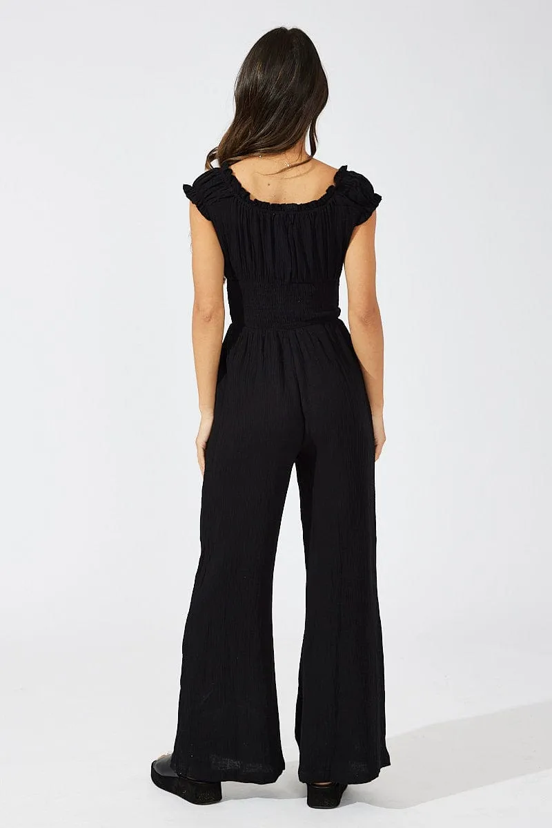 Black Jumpsuit Short Sleeve Off Shoulder Shirred Cotton