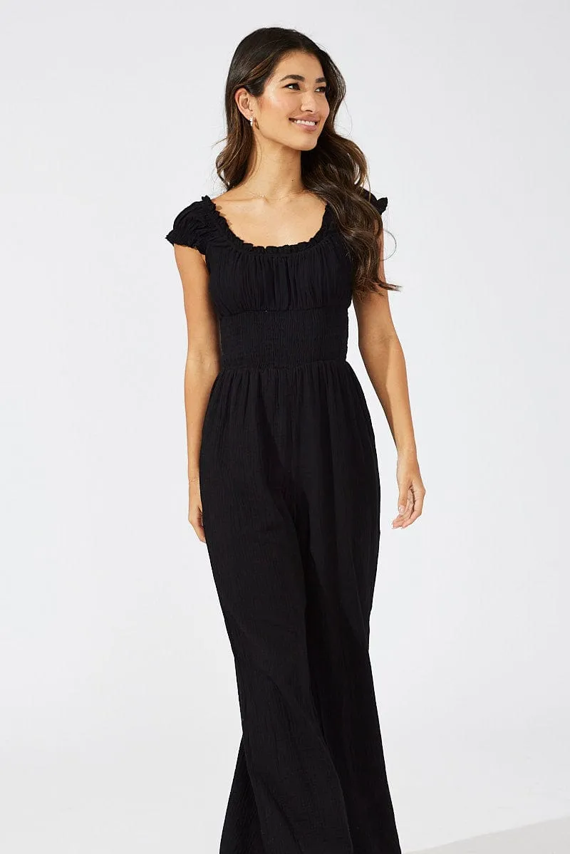 Black Jumpsuit Short Sleeve Off Shoulder Shirred Cotton