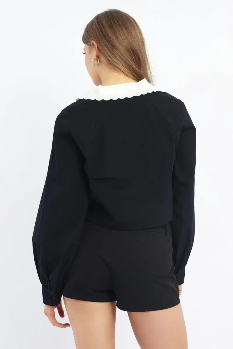 Black Shirt Long Sleeve Peter Pan Collar Button Up