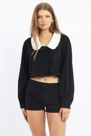 Black Shirt Long Sleeve Peter Pan Collar Button Up
