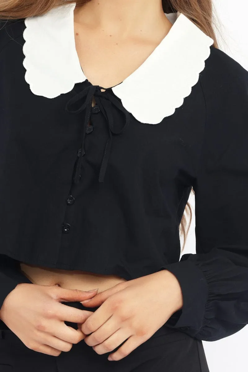Black Shirt Long Sleeve Peter Pan Collar Button Up