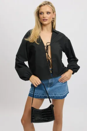 Black Tie  Up Front Top Long Sleeve