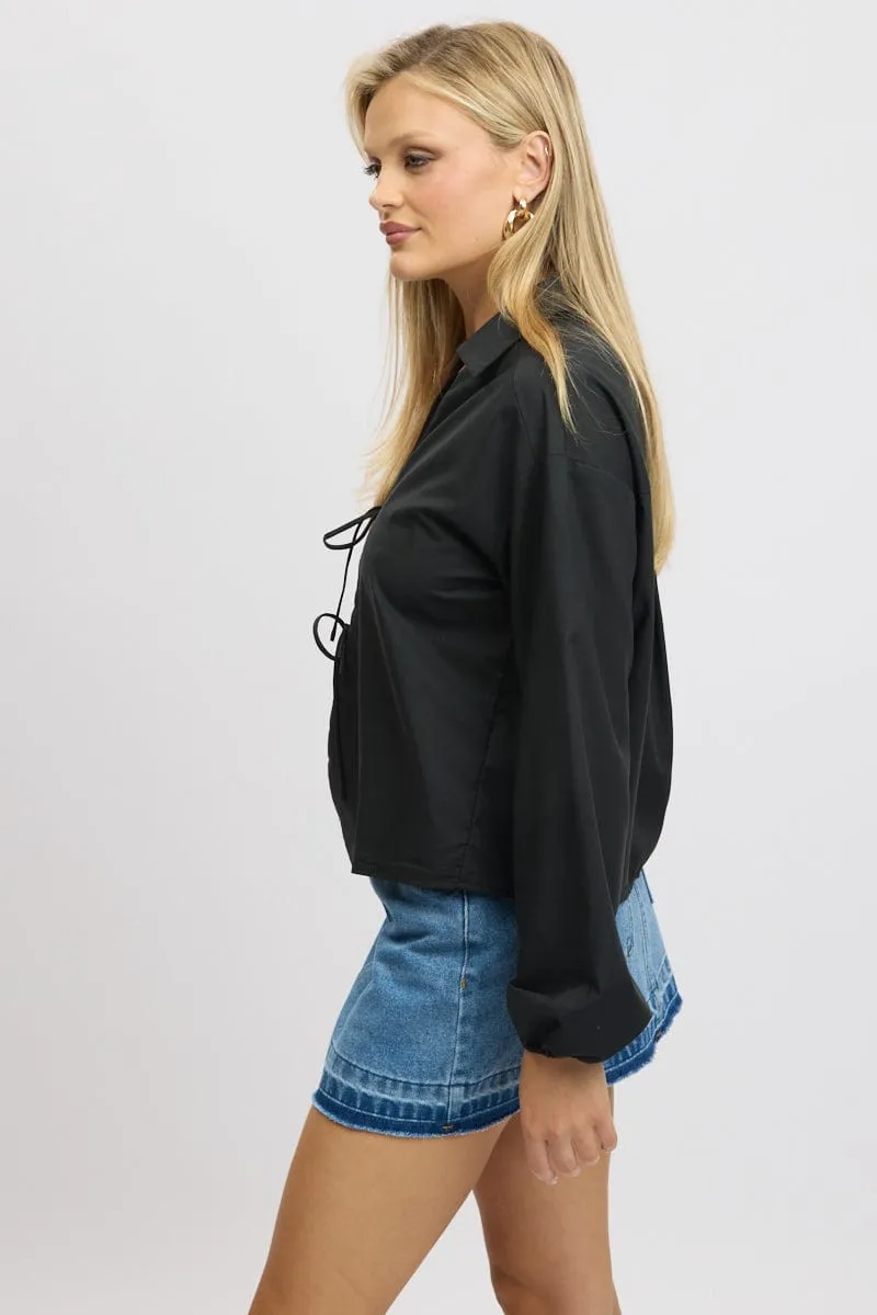 Black Tie  Up Front Top Long Sleeve