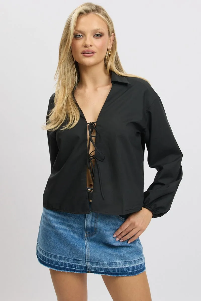 Black Tie  Up Front Top Long Sleeve