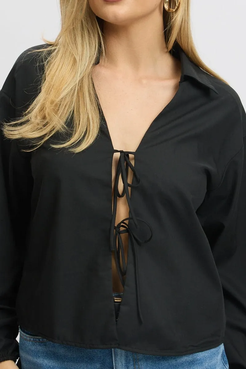 Black Tie  Up Front Top Long Sleeve
