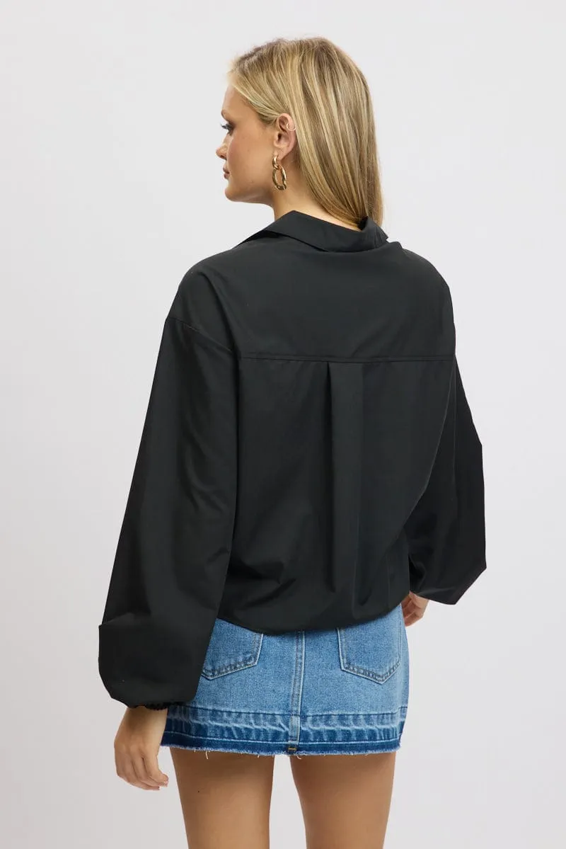 Black Tie  Up Front Top Long Sleeve