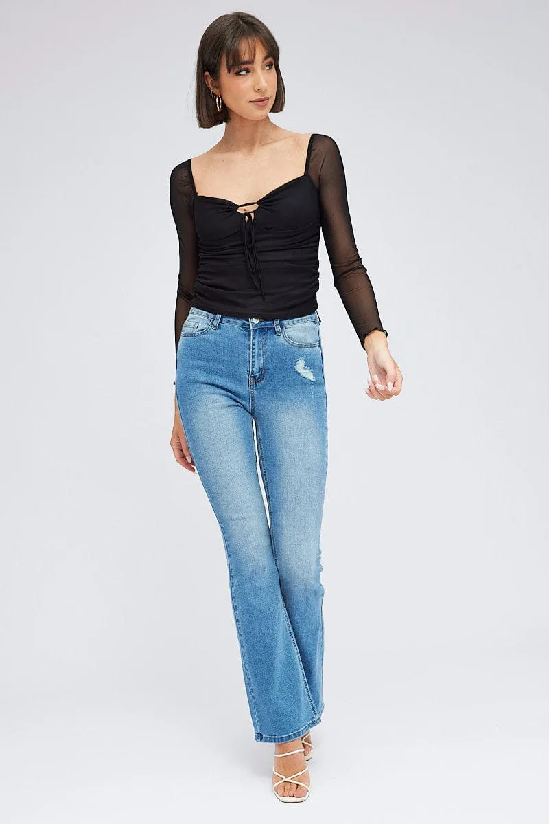 Black Top Long Sleeve Sweetheart Keyhole Ruched Mesh