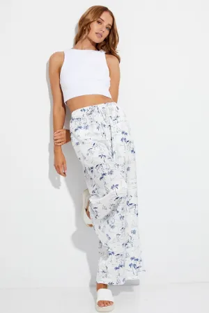 Blue Abstract Pant Elastic High Waist Wide Leg Printed Satin