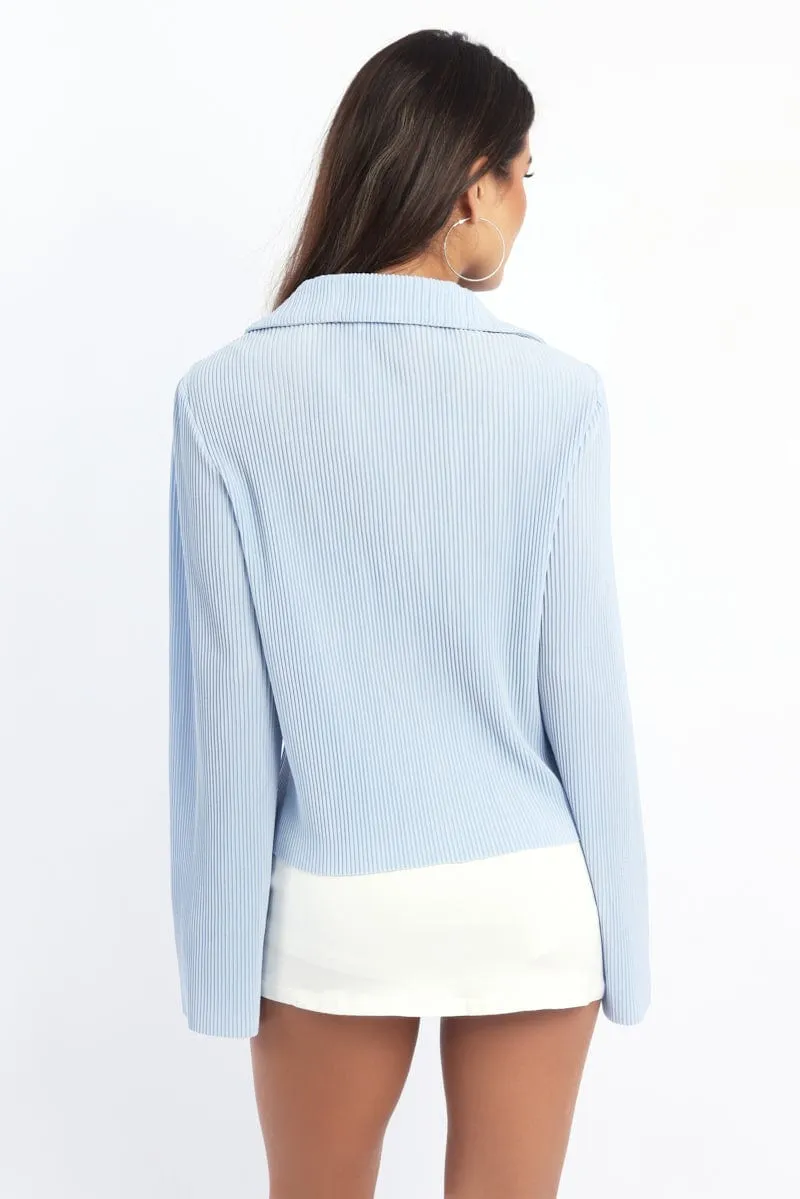 Blue Plisse Shirt Long Sleeve Lapel Collar Button Up