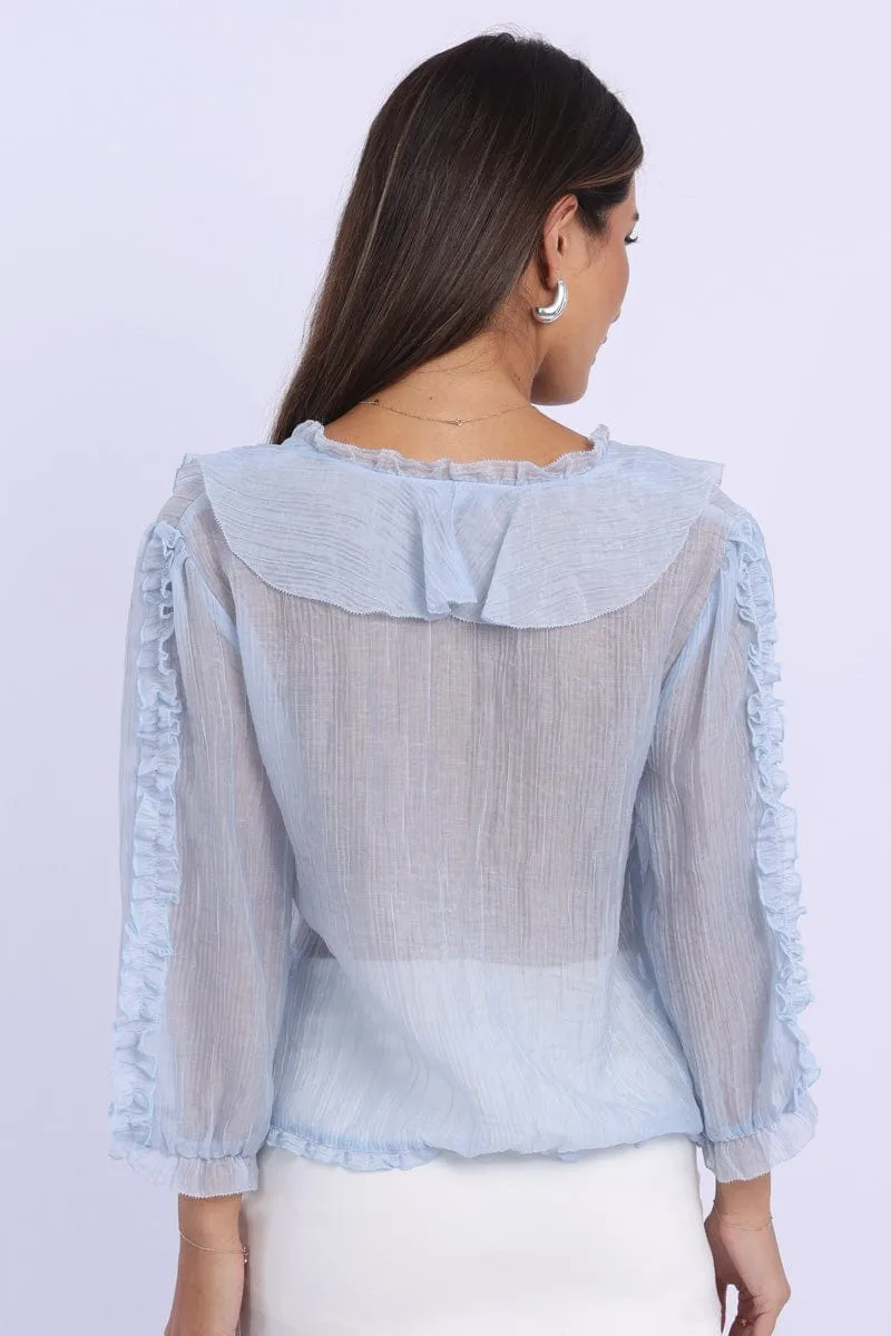 Blue Ruffled Top Mid Sleeve V-neck Poet's Blouse