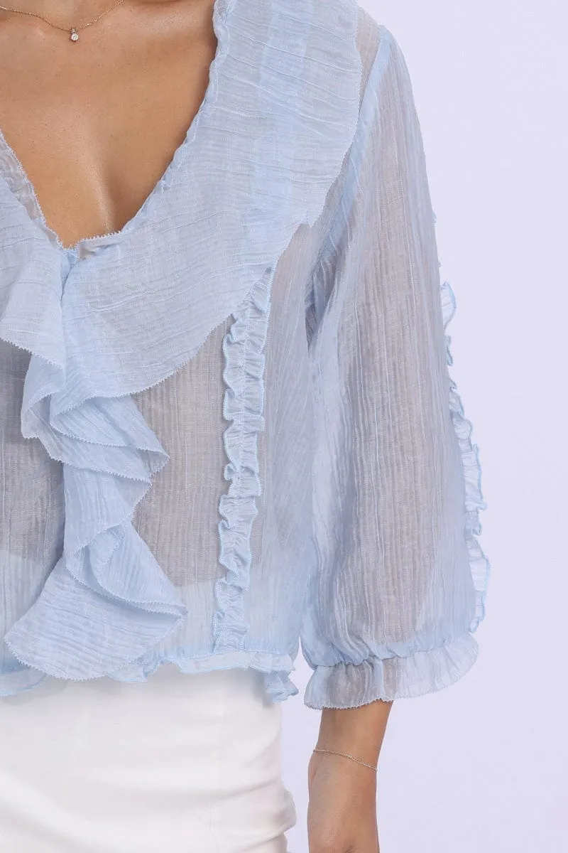 Blue Ruffled Top Mid Sleeve V-neck Poet's Blouse