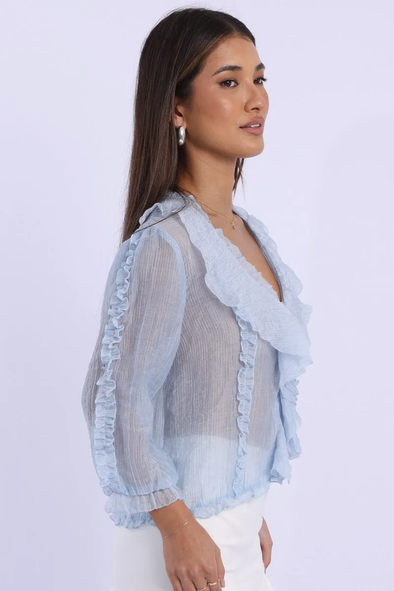 Blue Ruffled Top Mid Sleeve V-neck Poet's Blouse