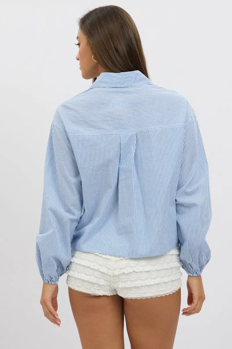 Blue Stripe Tie  Up Front Top Long Sleeve