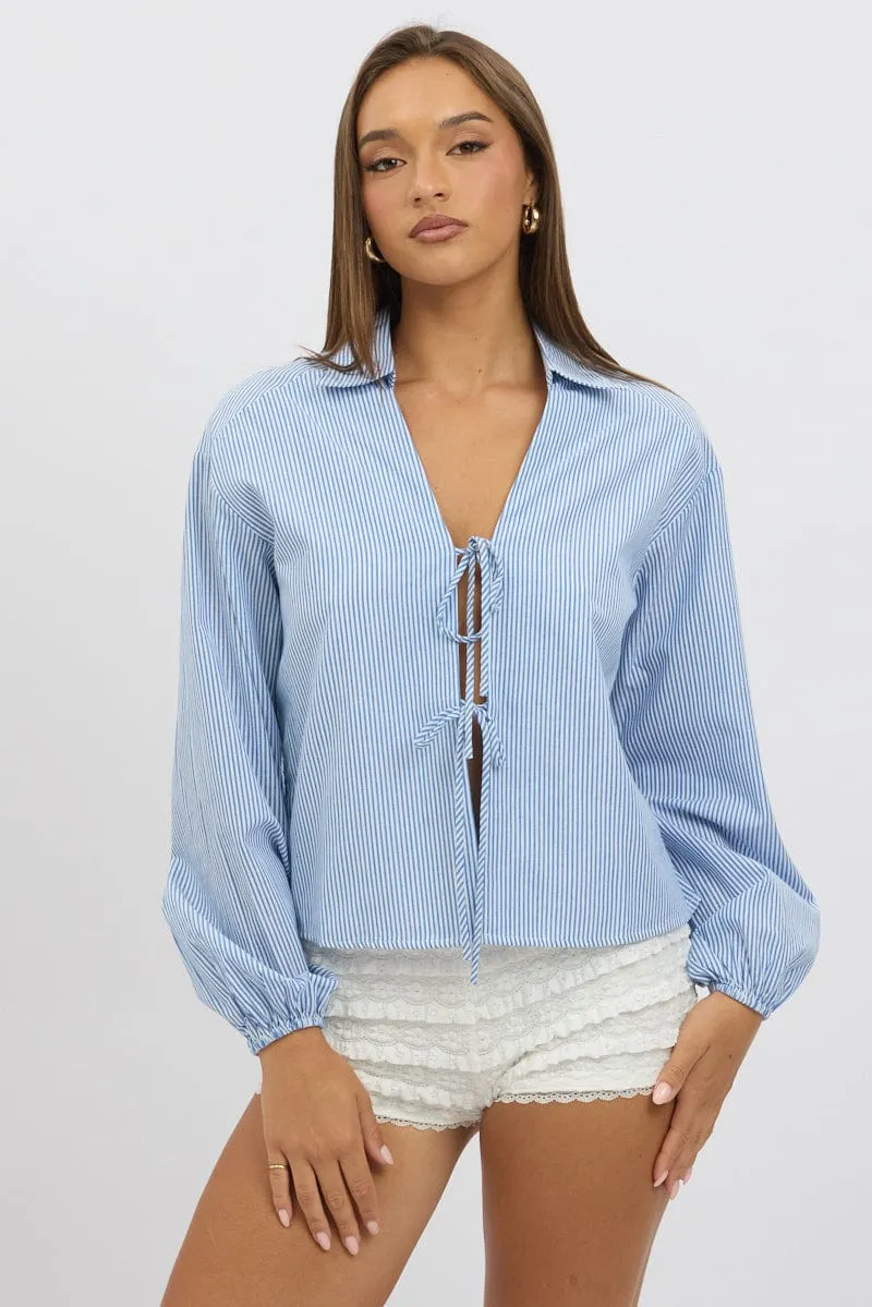 Blue Stripe Tie  Up Front Top Long Sleeve
