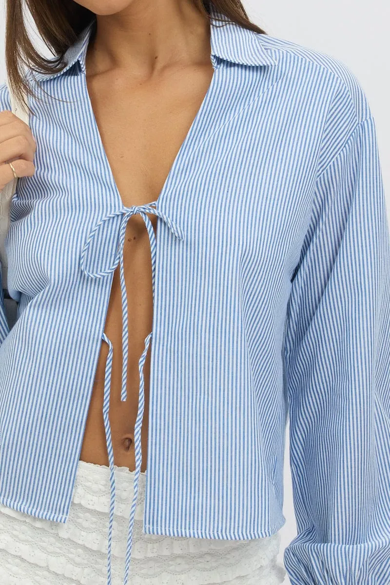 Blue Stripe Tie  Up Front Top Long Sleeve