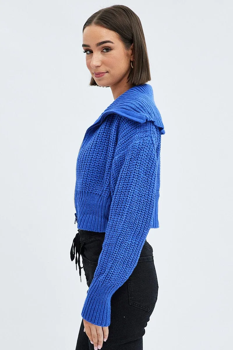 Blue Zip up Crop Cardigan