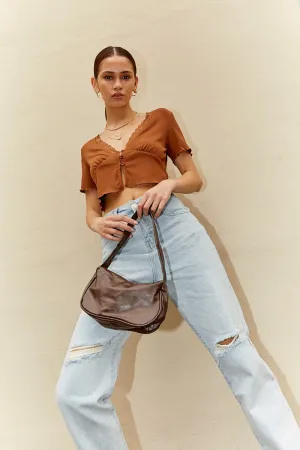 Brown Rib Jersey Short Sleeve V Neck Lace Trim Top