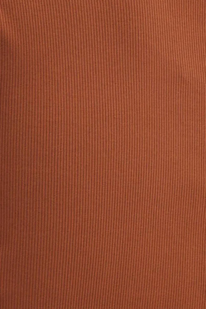 Brown Rib Jersey Short Sleeve V Neck Lace Trim Top