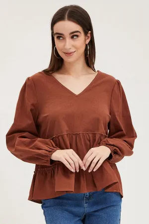 Brown Ruffle Top Long Sleeve