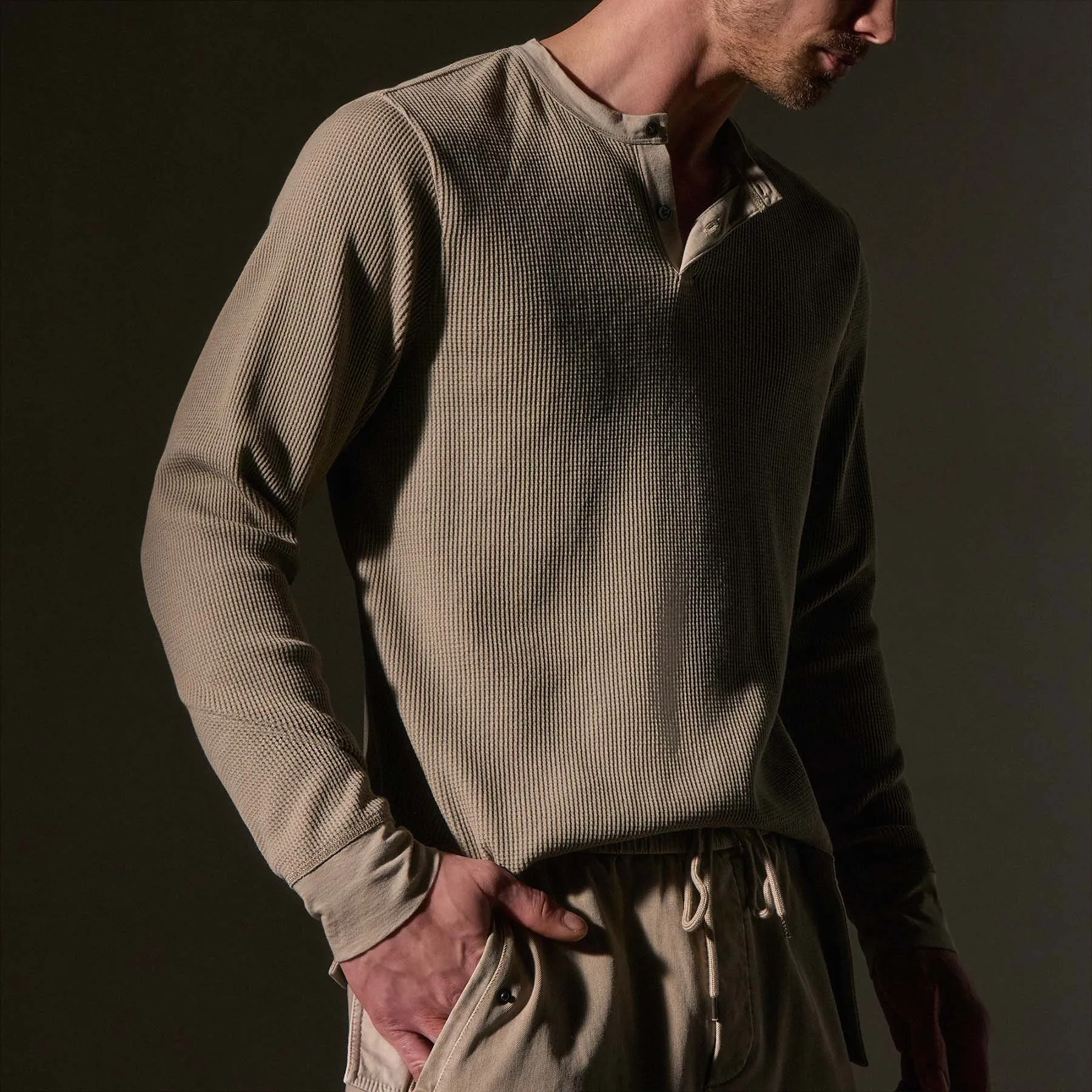Cotton Linen Waffle Henley - Overcast