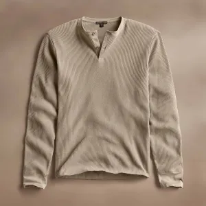 Cotton Linen Waffle Henley - Overcast