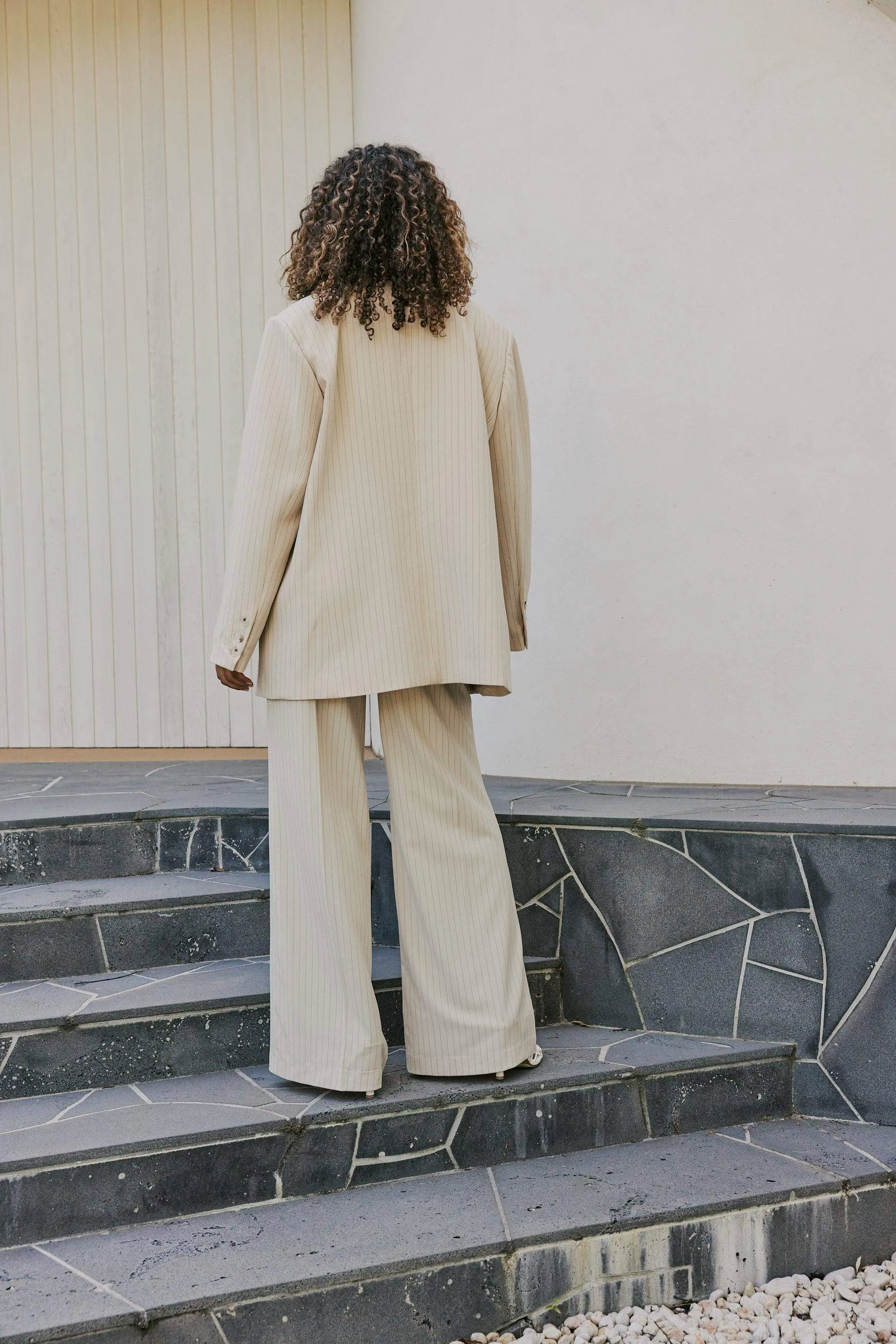 CURAAE Lyric Oversized Pinstripe Blazer In Beige