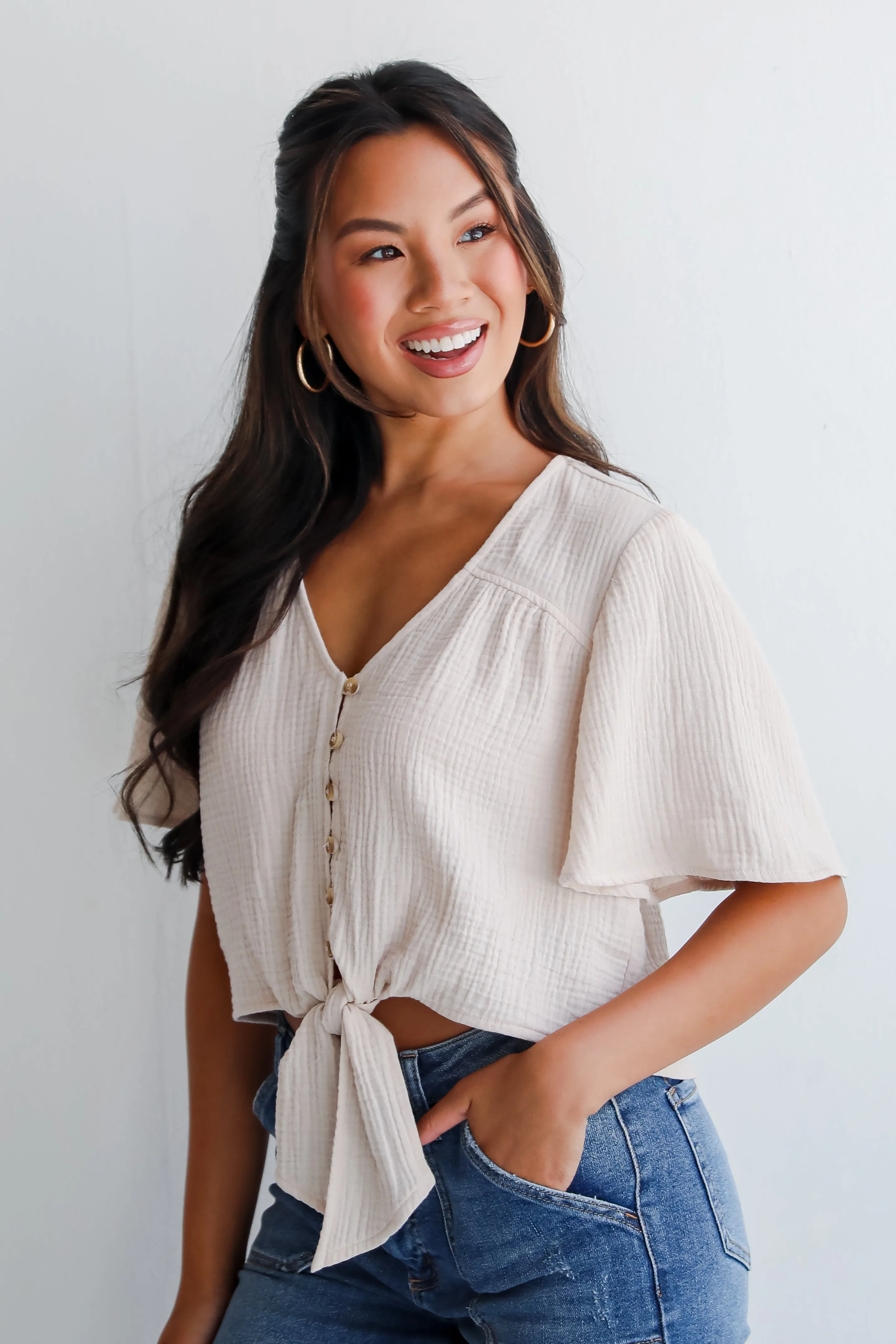 FINAL SALE - Considerably Cute Natural Linen Tie-Front Blouse