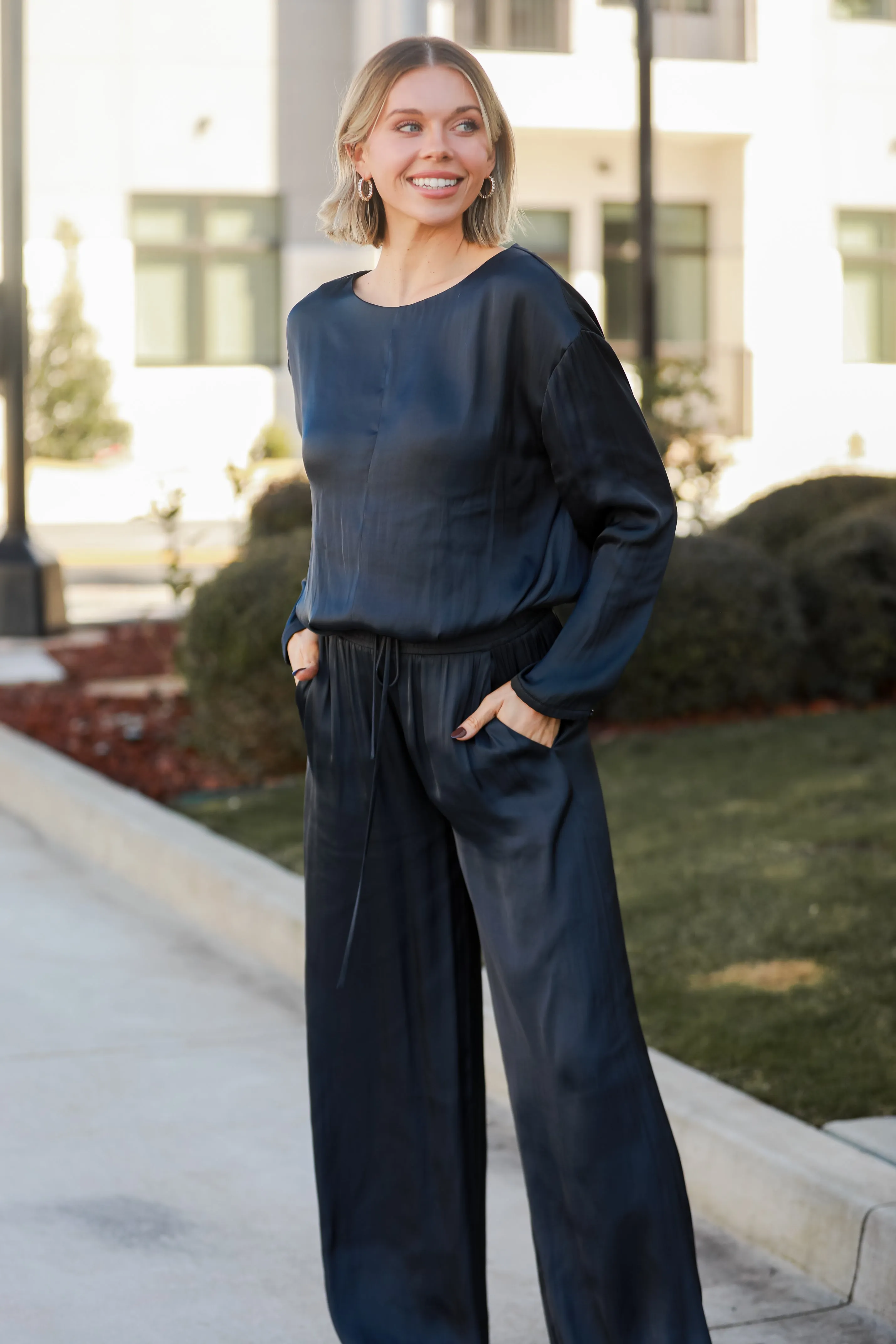 FINAL SALE - Covetable Charm Navy Satin Wide Leg Pants