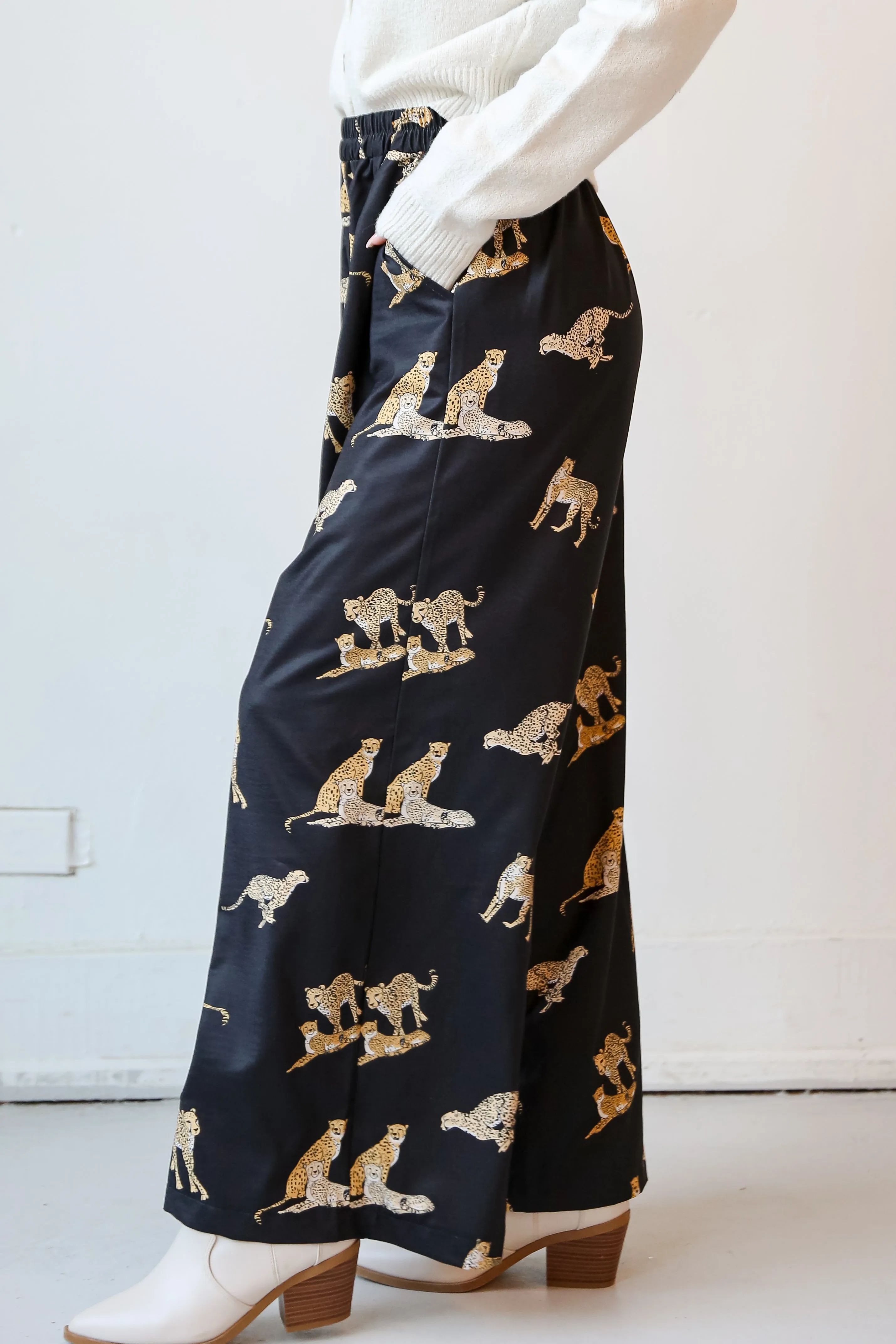FINAL SALE - Fierce Instincts Black Cheetah Wide Leg Pants