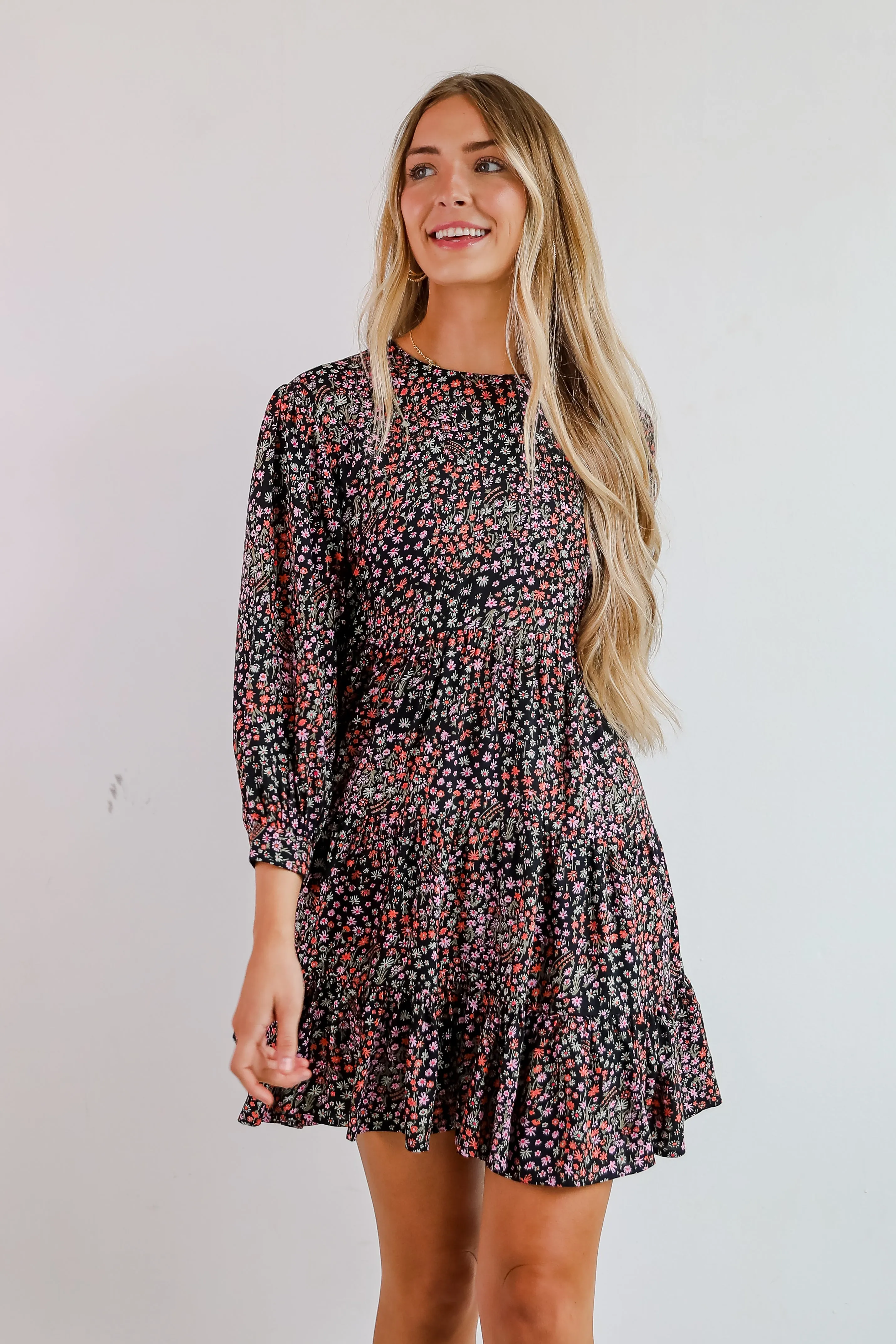 FINAL SALE - Gorgeous Outcome Black Floral Tiered Mini Dress