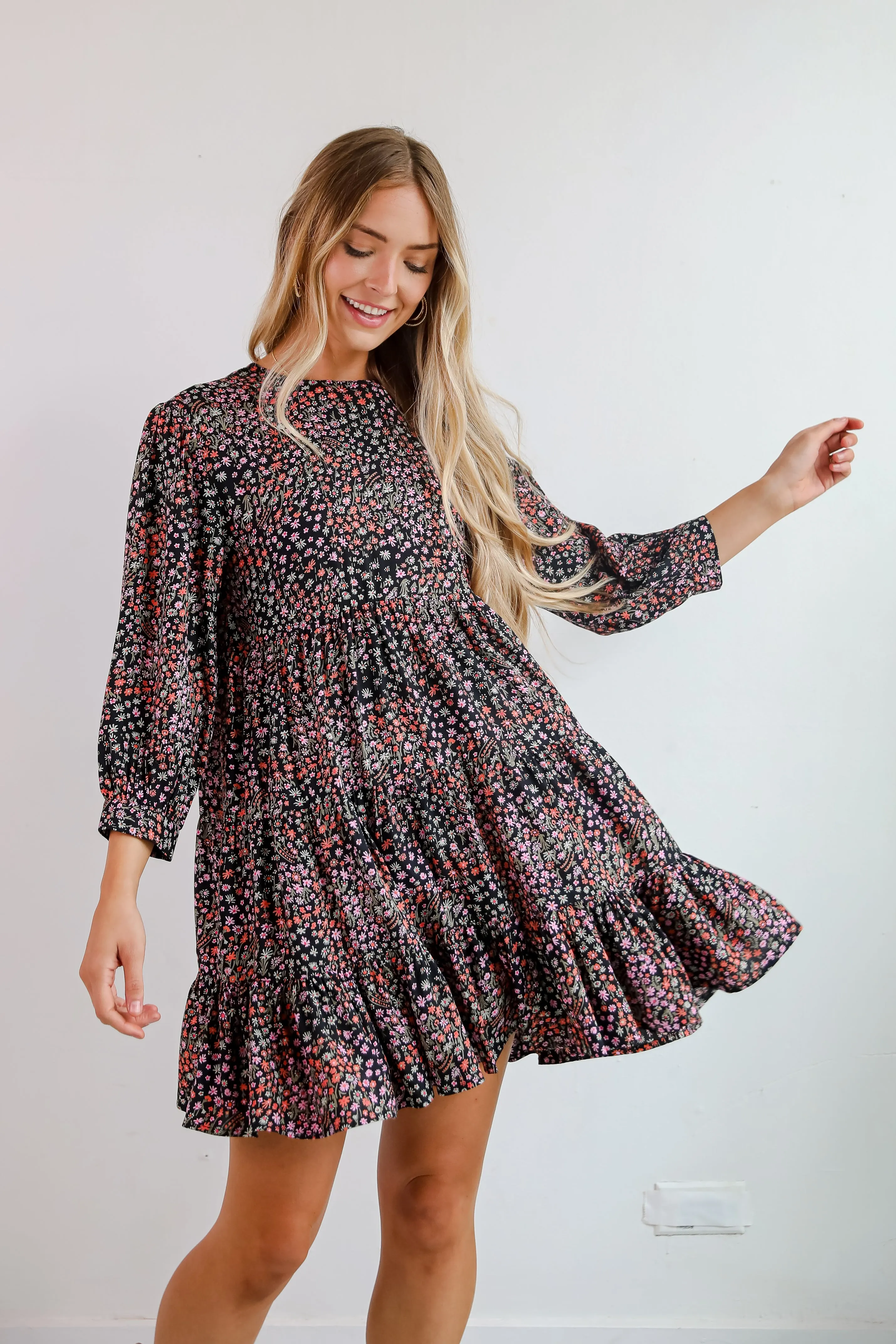 FINAL SALE - Gorgeous Outcome Black Floral Tiered Mini Dress