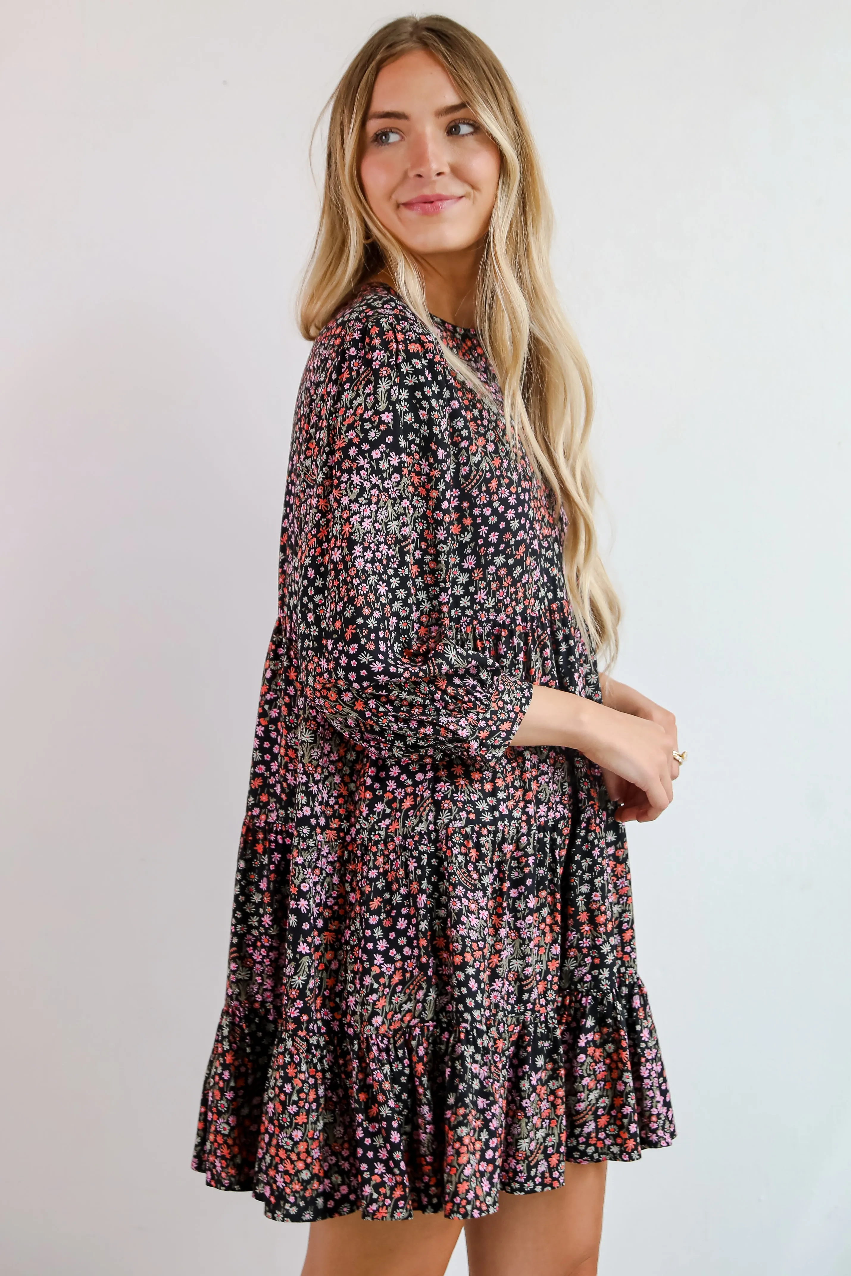 FINAL SALE - Gorgeous Outcome Black Floral Tiered Mini Dress