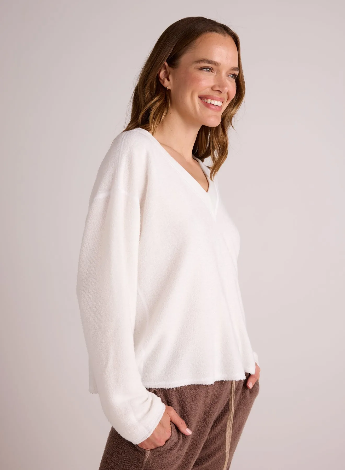 French Terry Bell Sleeve V-Neck Pullover - Winter White