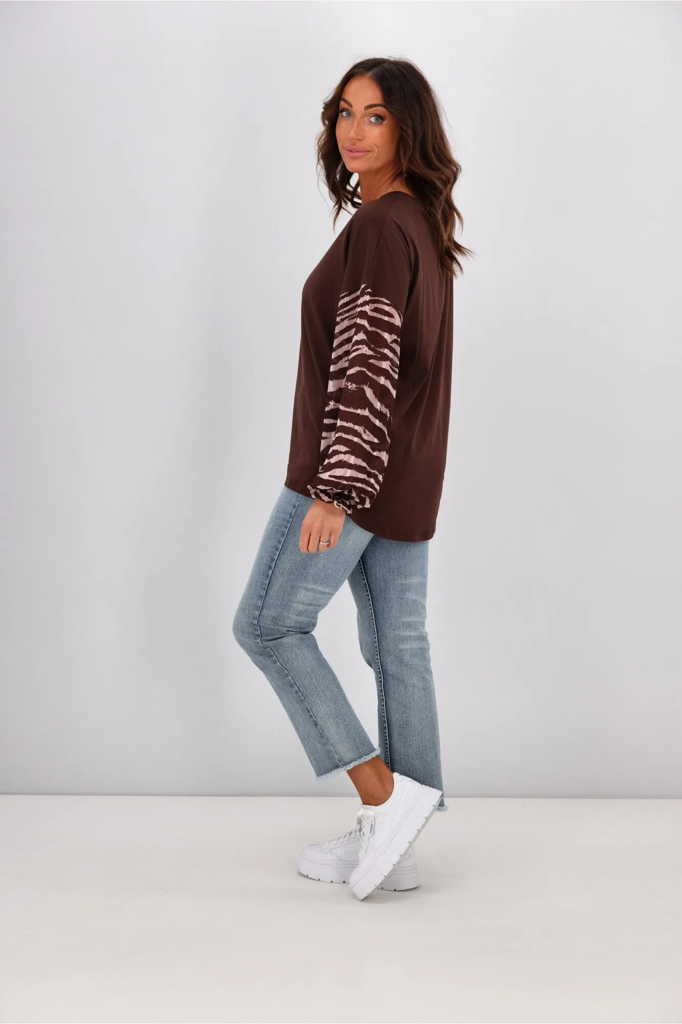 Gloss by Shine On Willa Zebra Sleeve Top Chocolate