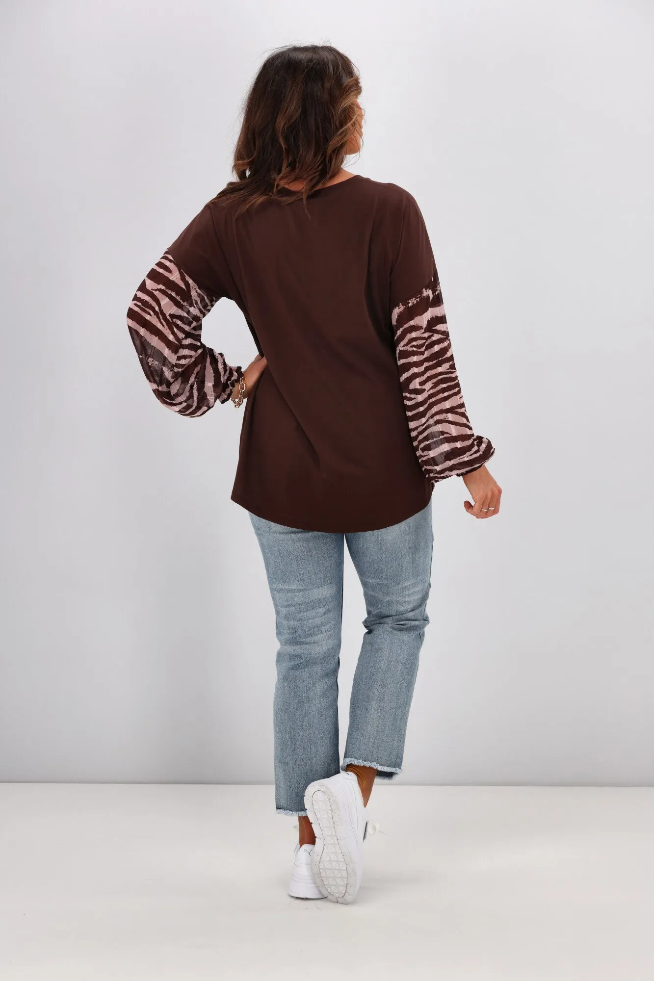 Gloss by Shine On Willa Zebra Sleeve Top Chocolate