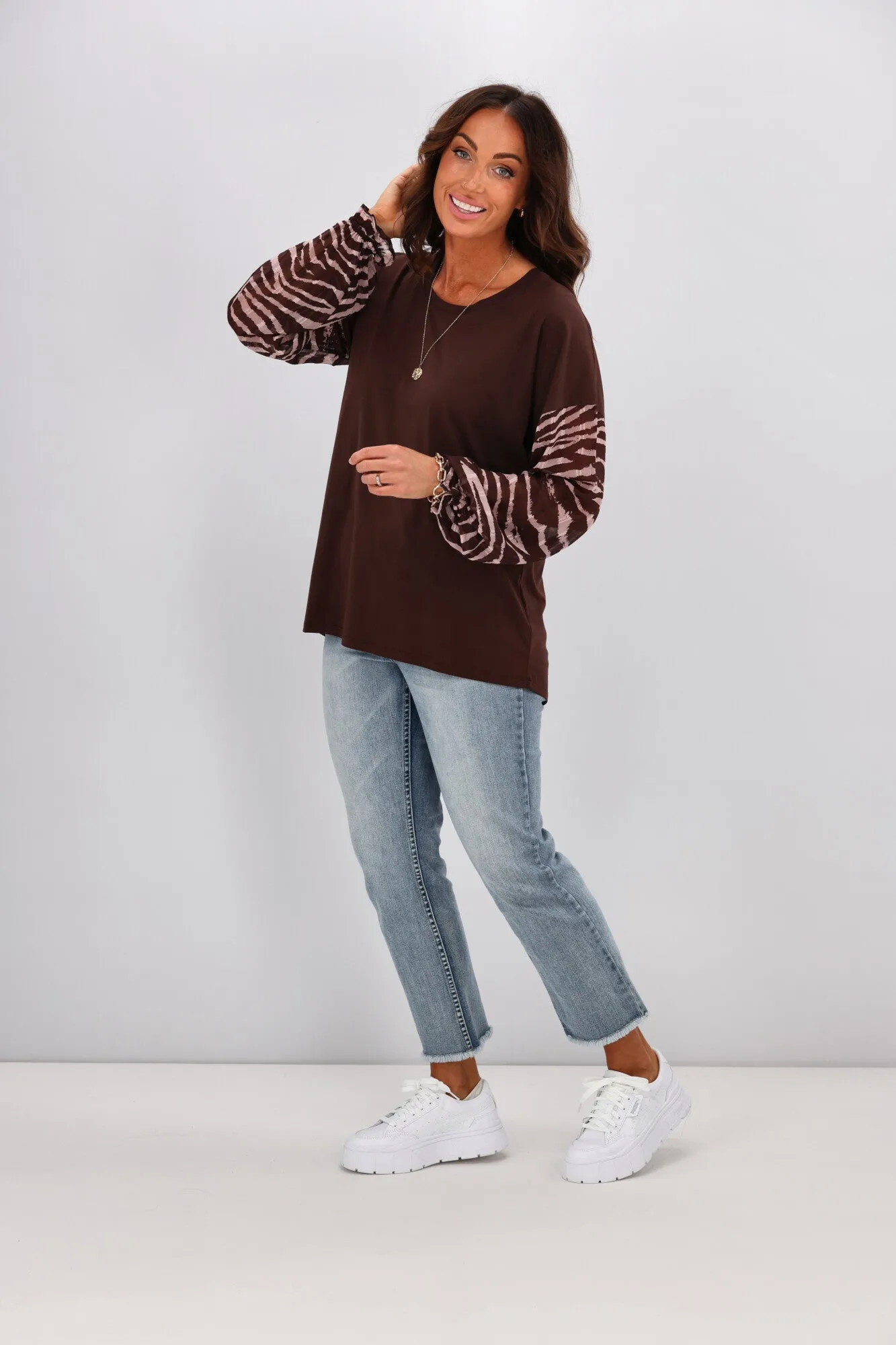 Gloss by Shine On Willa Zebra Sleeve Top Chocolate
