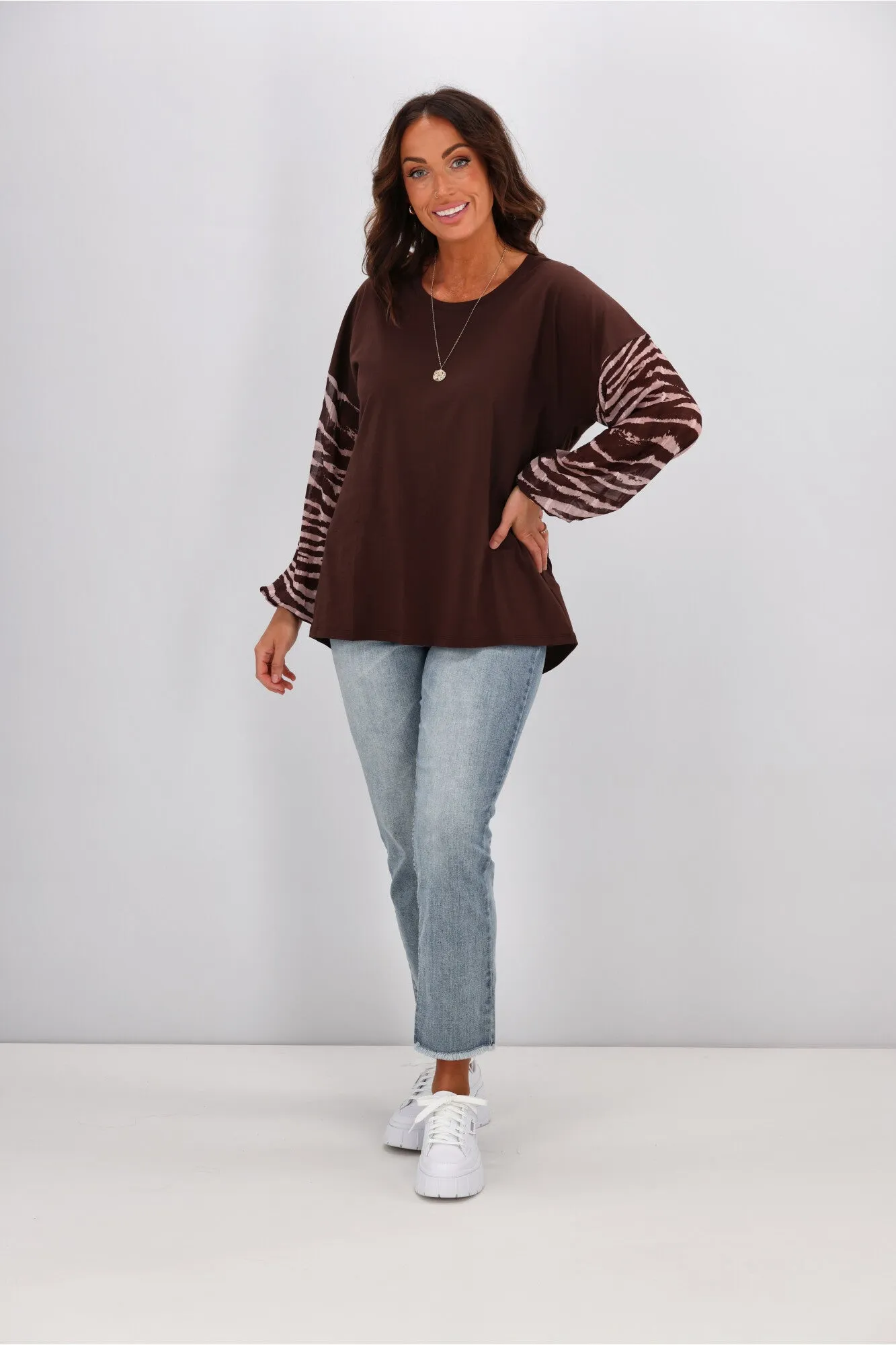 Gloss by Shine On Willa Zebra Sleeve Top Chocolate