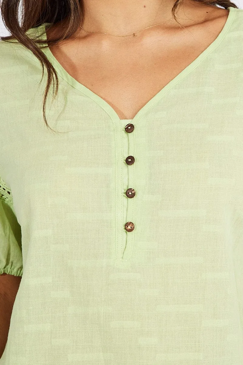 Green Top lace details sleeve texture cotton