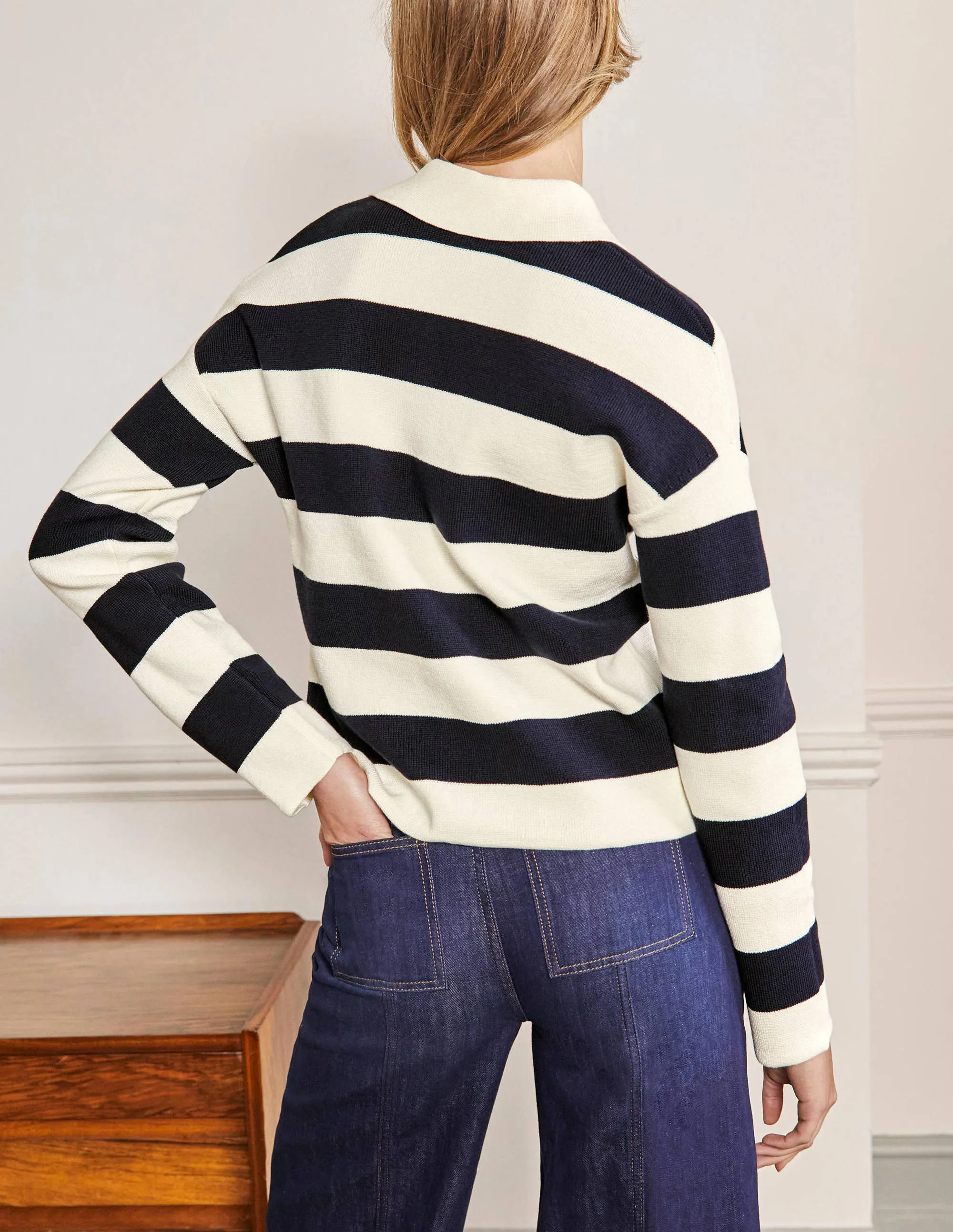 Jewel Button Collared Cardigan-Ivory Mélange, Navy Stripe