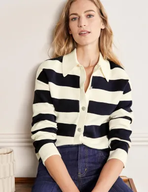 Jewel Button Collared Cardigan-Ivory Mélange, Navy Stripe