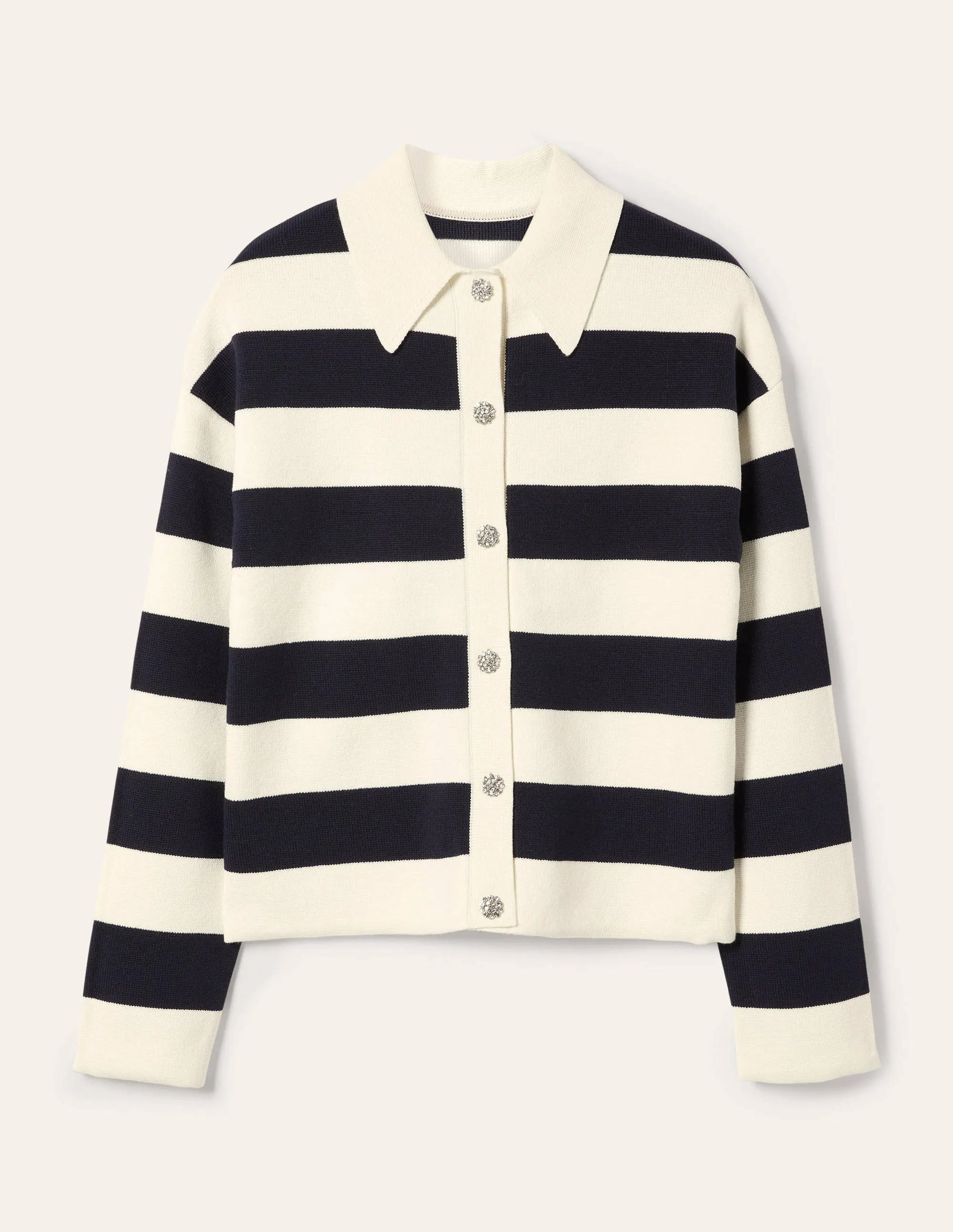 Jewel Button Collared Cardigan-Ivory Mélange, Navy Stripe