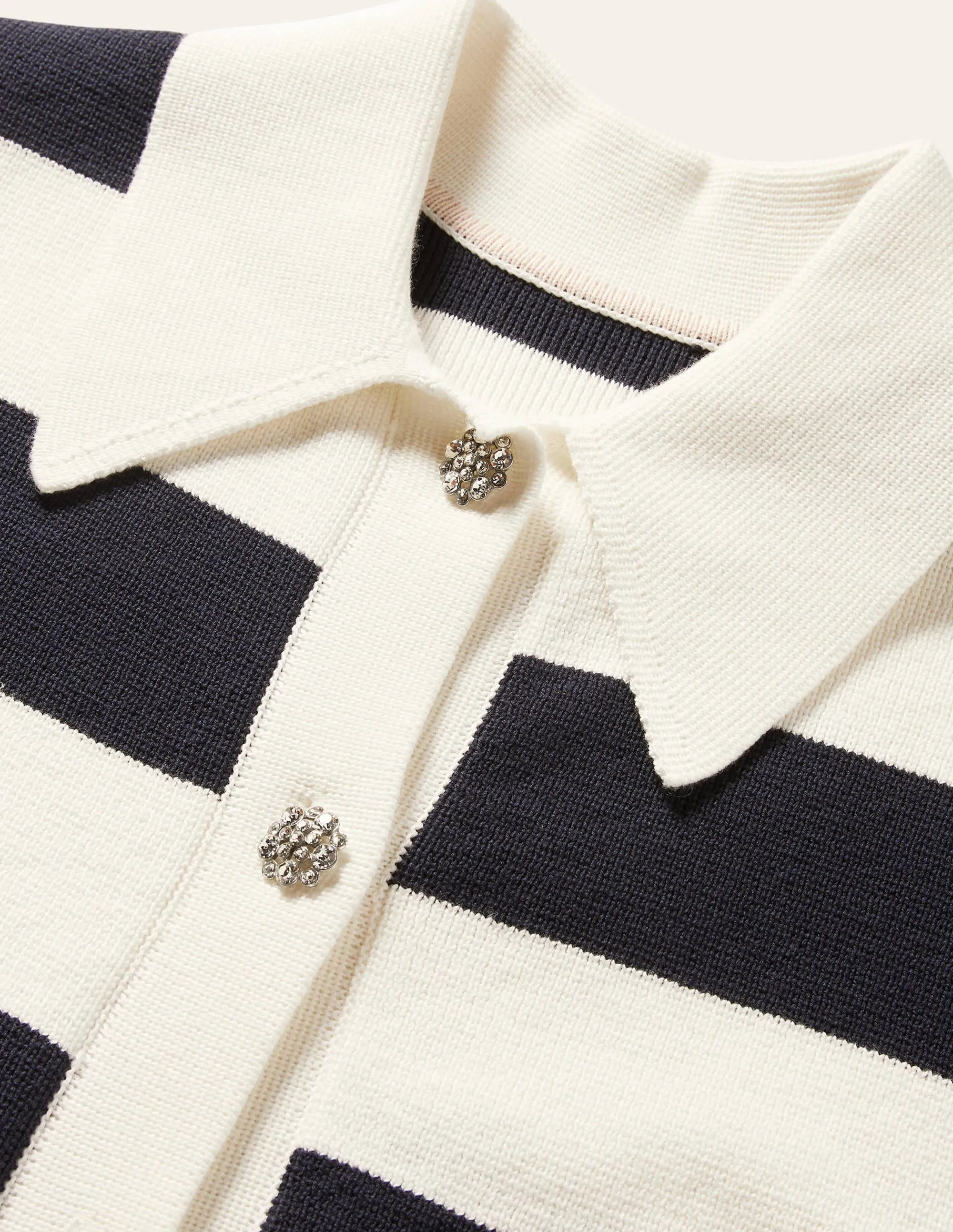 Jewel Button Collared Cardigan-Ivory Mélange, Navy Stripe