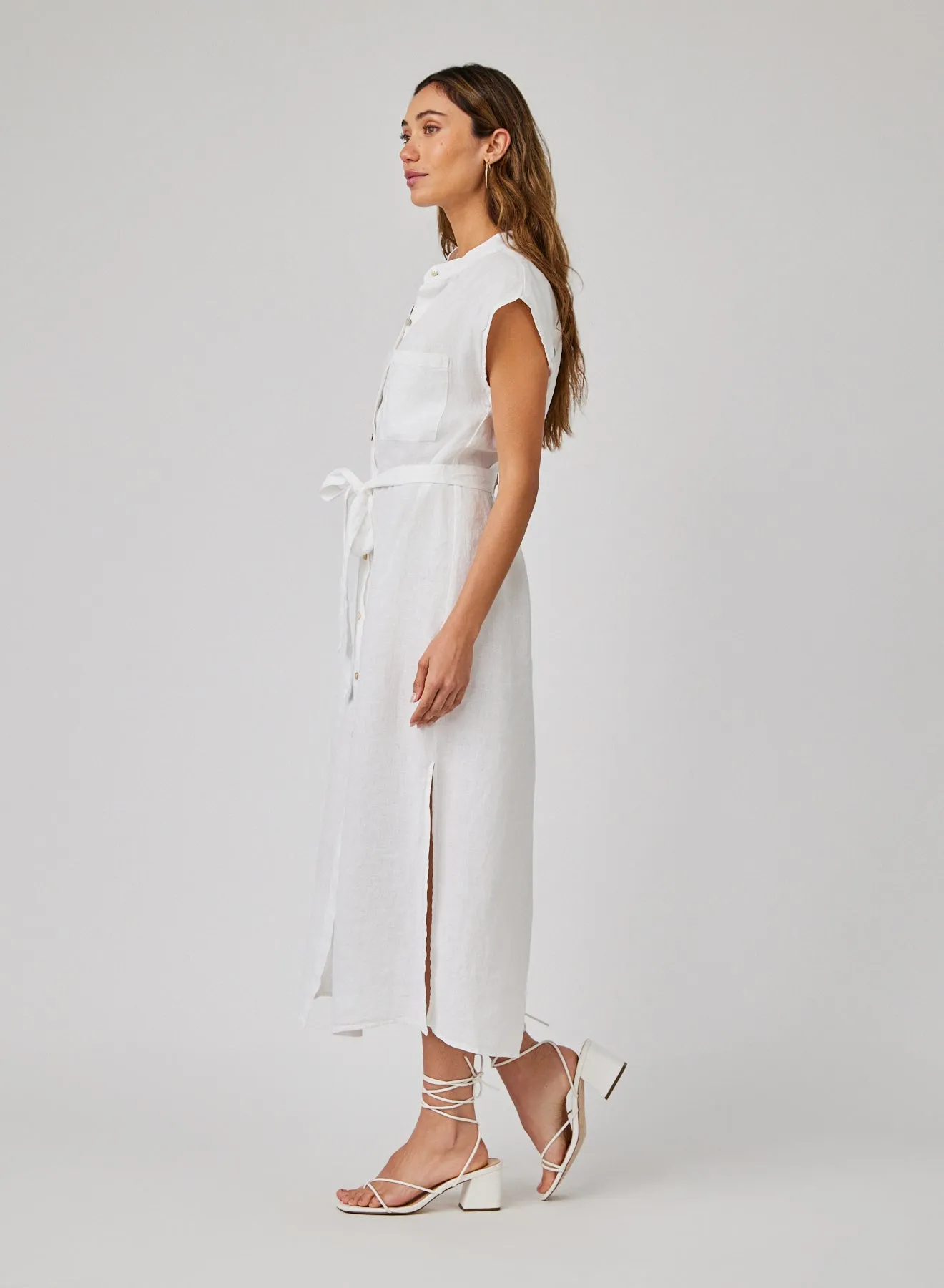 Linen Cap Sleeve Button Front Midi Dress - White