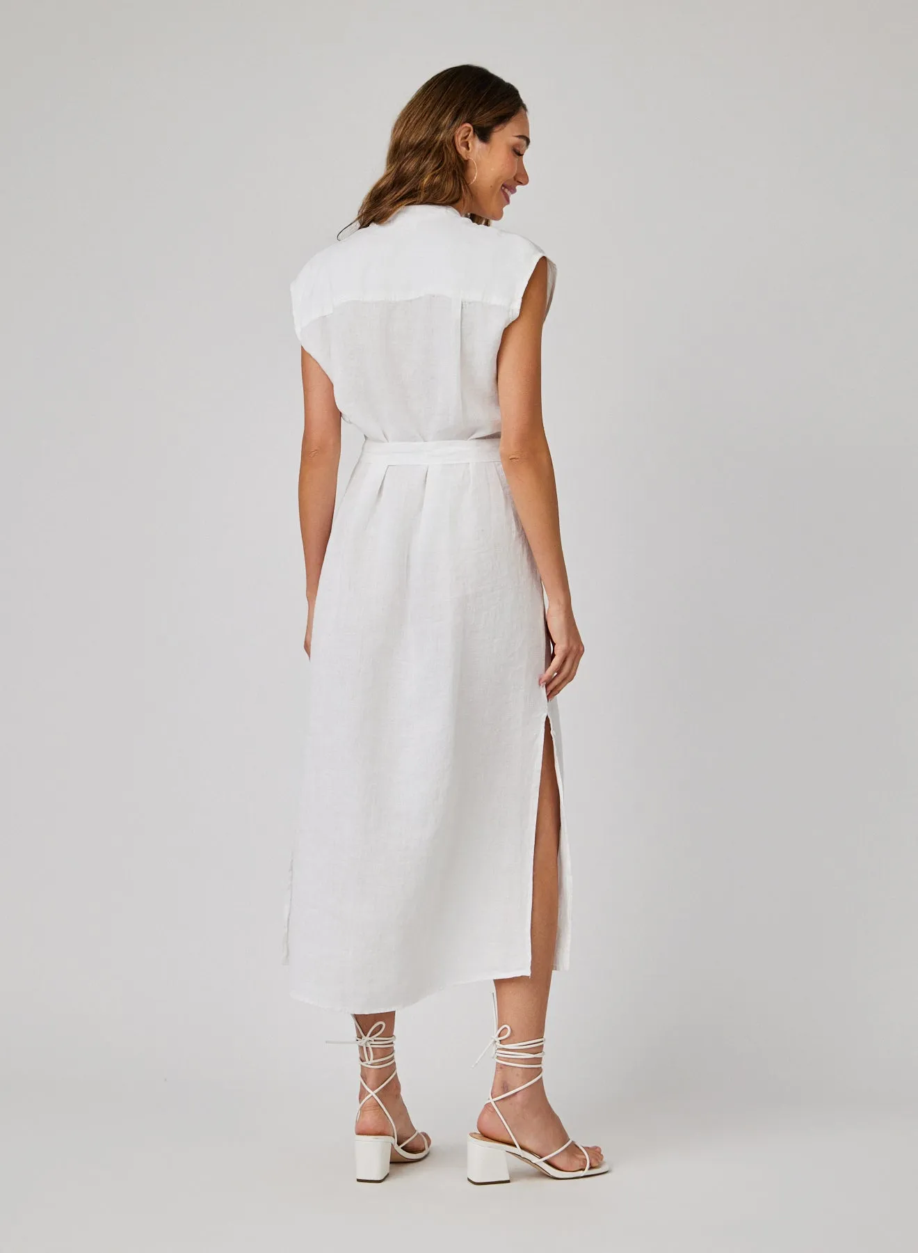 Linen Cap Sleeve Button Front Midi Dress - White