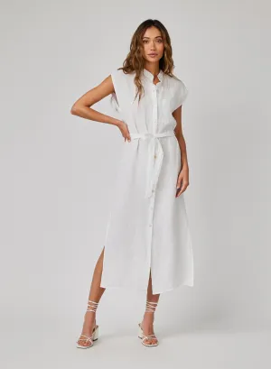 Linen Cap Sleeve Button Front Midi Dress - White