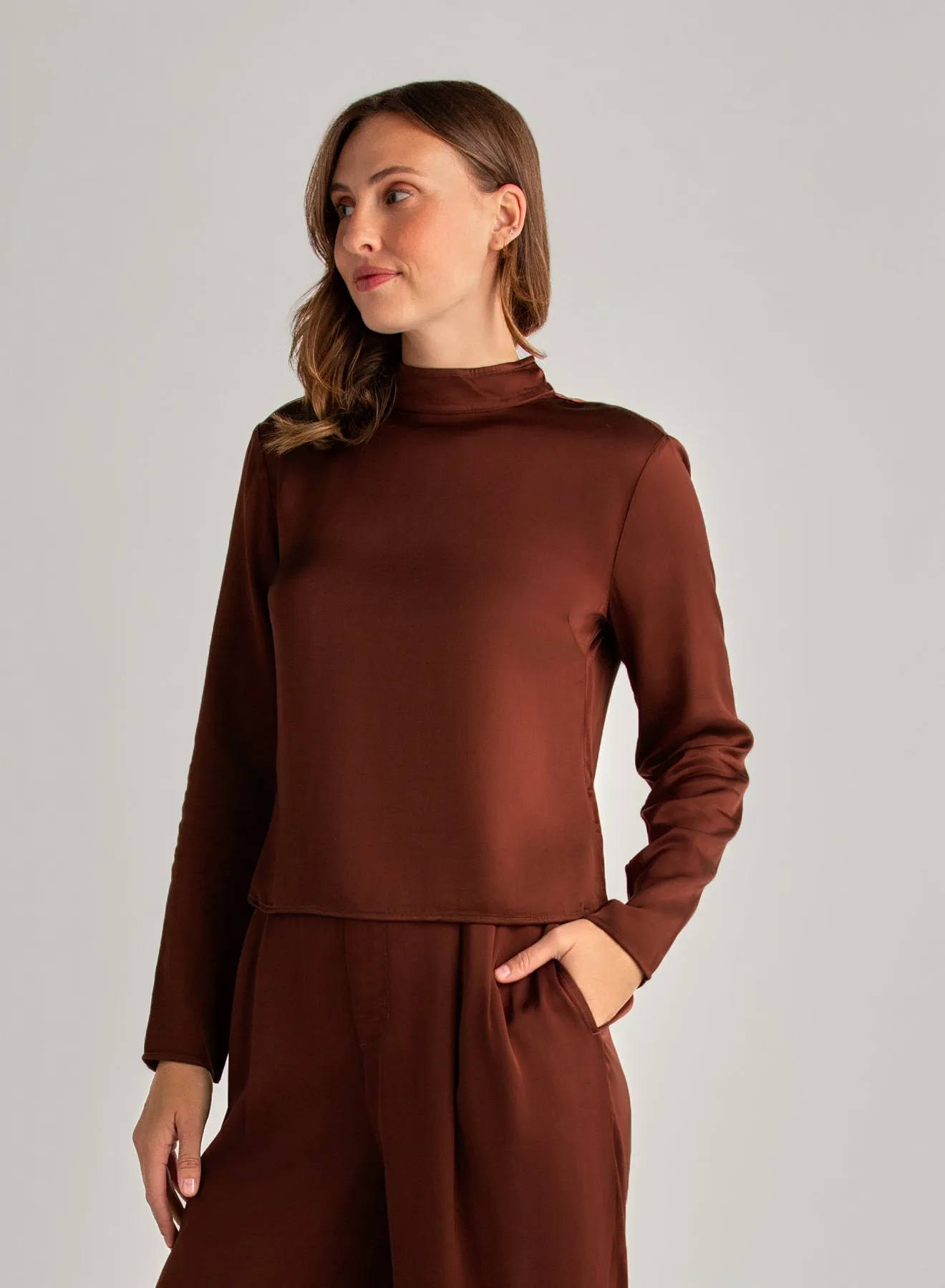 Mock Neck Button Back Top - Brandy Wine